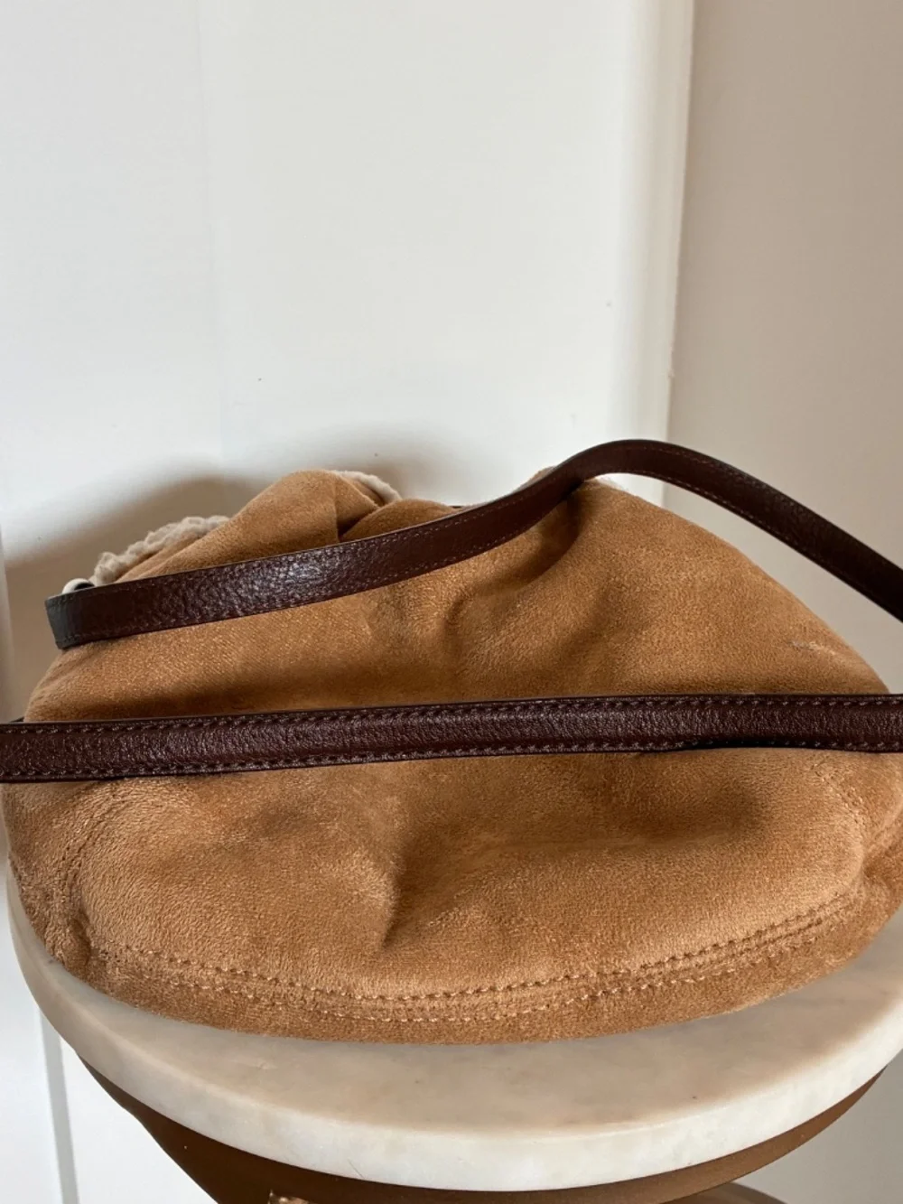 Michael Kors suede shearling mini bucket crossbody